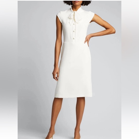 Ralph Lauren Collection Pinstripe Midi Day Dress Tie Neck Button Collar Navy 12 - Picture 11 of 12